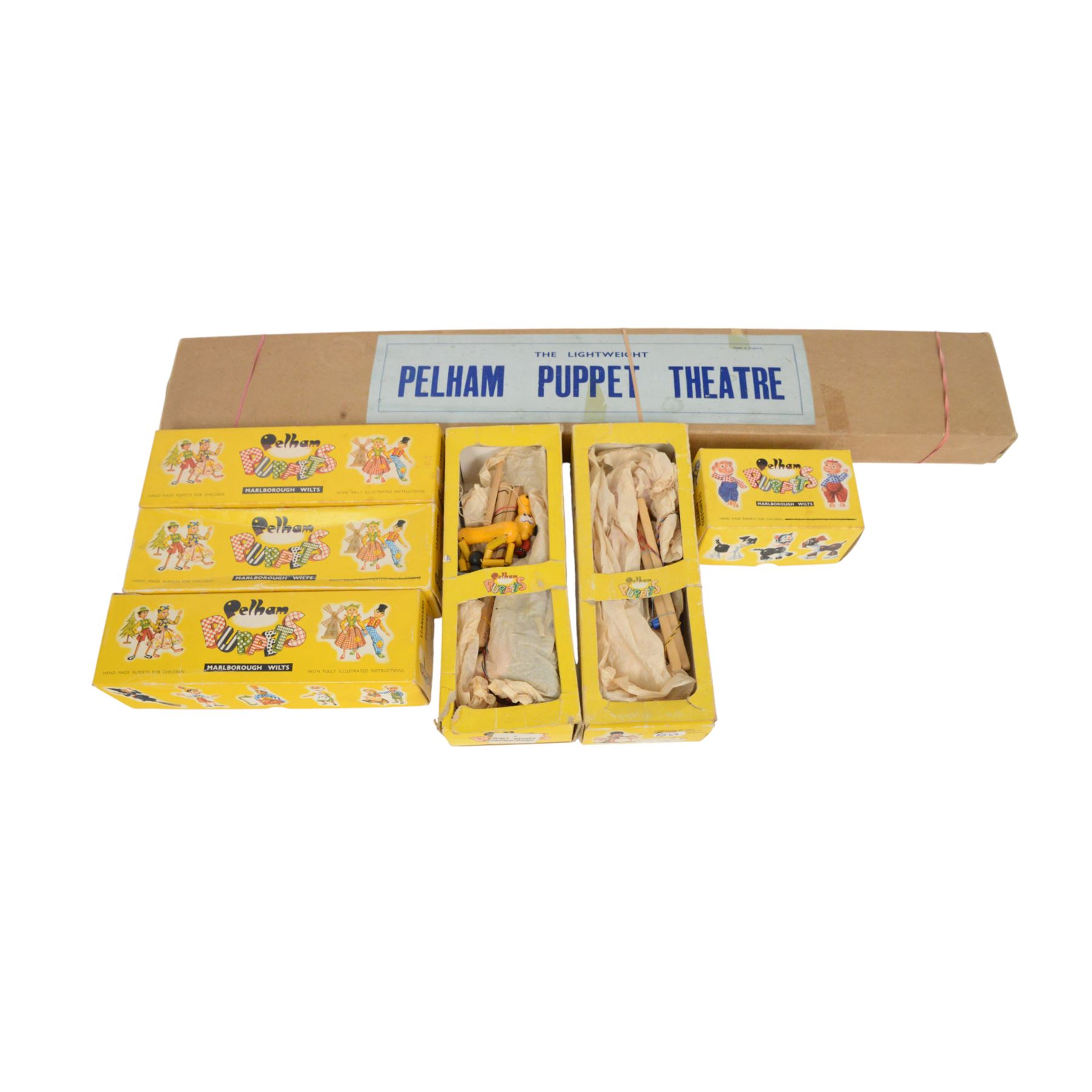 Six Pelham Puppets, comprising Walt Disney Mickey Mouse with Pluto, Donald Duck, and Goofy, Wombles Wellington, Caterpillar and Mouse all boxed, together with a Pelham Puppet Lightweight Theatre, boxed
