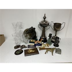 Quantity of late 20th century coursing memorabilia and ephemera, predominantly awarded to Mrs Winnie Morton, to include silver-plated trophies including the Caledonian Cup Swaffham 1981, for Dindi's Jem, and supporting newspaper clipping and photographs, Ryedale Coursing Club glasses, greyhound bronzed and brass figures, Staffordshire style pen holder, etc