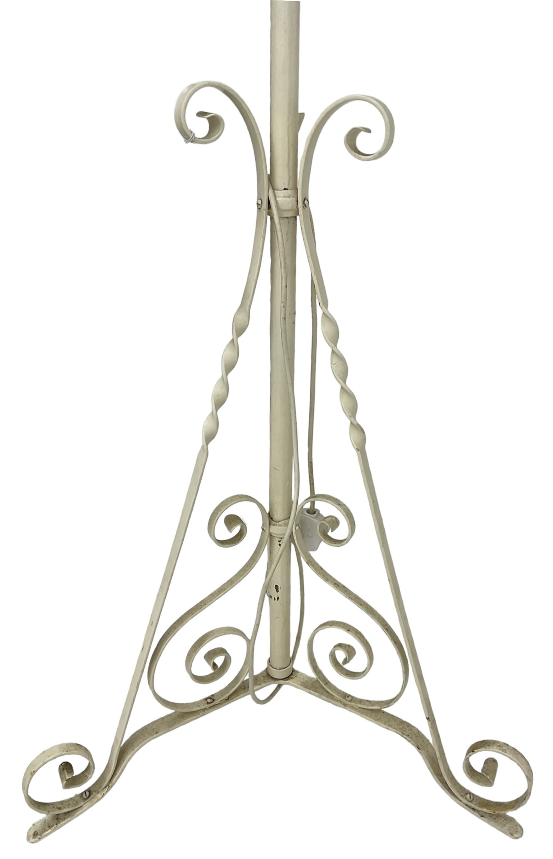 Cream painted wrought iron standard lamp with floral shade
