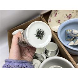 Large collection of ceramics to include God Speed the Plough loving cup, Denby, Coalport, Portmeirion, quantity of mugs etc in four boxes