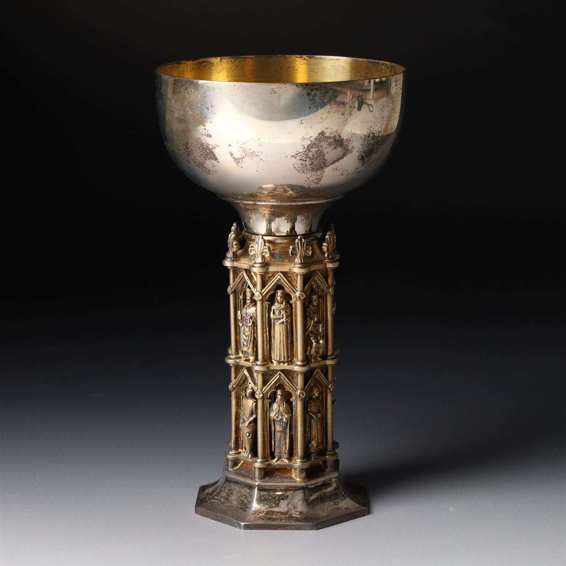 Elizabeth II silver and parcel gilt Wells Cathedral goblet by Hector Mills for Aurum , limited edition commemorating the eighth centenary in 1982, 79/800 with pierced figural stem H17cm