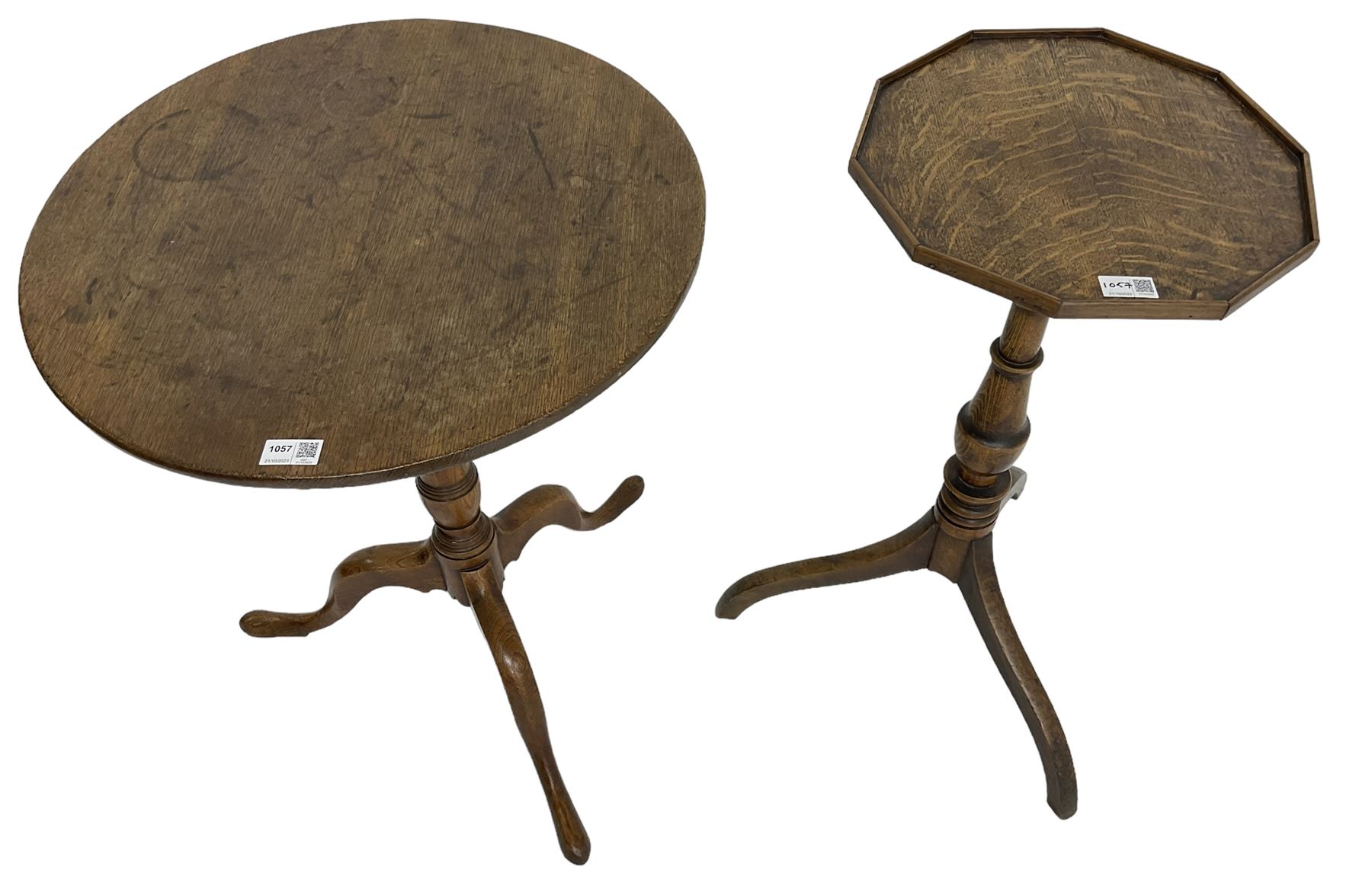 Early 19th century elm and oak tripod table, decagon oak top with raised edge, on turned column with three splayed supports (H74cm); and an early 19th century elm and oak tripod table, circular oak tilt top on turned column with three splayed supports (H70cm) 
