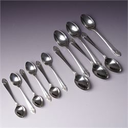 Set of six silver teaspoon with leaf moulded terminals and six matching coffee spoons Shef...