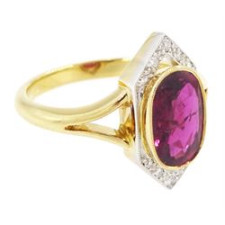 18ct and platinum ruby and diamond ring, single oval cut ruby of approx 2.26 carat, with old cut diamond surround, set within a milgrain navette shaped border, London 2019, total diamond weight approx 0.15 carat, with Alan Poultney Gems report