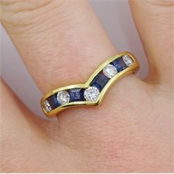 18ct gold channel set five stone round brilliant cut diamond and four stone princess cut sapphire wishbone ring, hallmarked, total diamond weight approx 0.45 carat