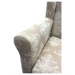 Chatsworth hardwood-framed armchair upholstered in cream  damask, with rolled arms and cushioned seat, raised on square tapered feet