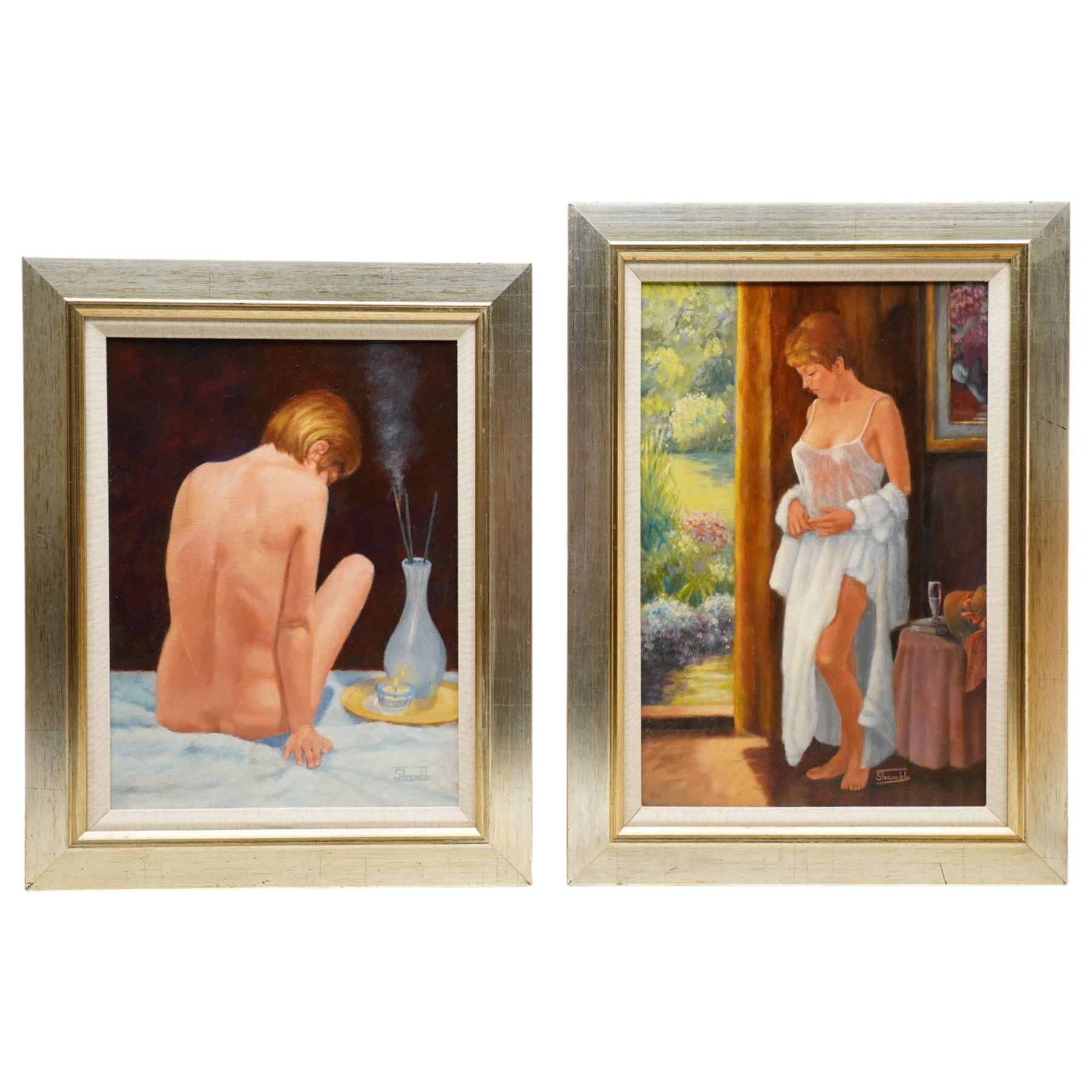 Shirley Trumble (British Contemporary): Lady in Nightgown and Nude from Behind, pair oils signed 40cm x 29cm (2)