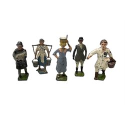 Forty-three lead farm figures by Timpo, Britains, J. Hill & Co etc including farmer, milk maids, farm workers, shepherds, Land Girls, scarecrow etc