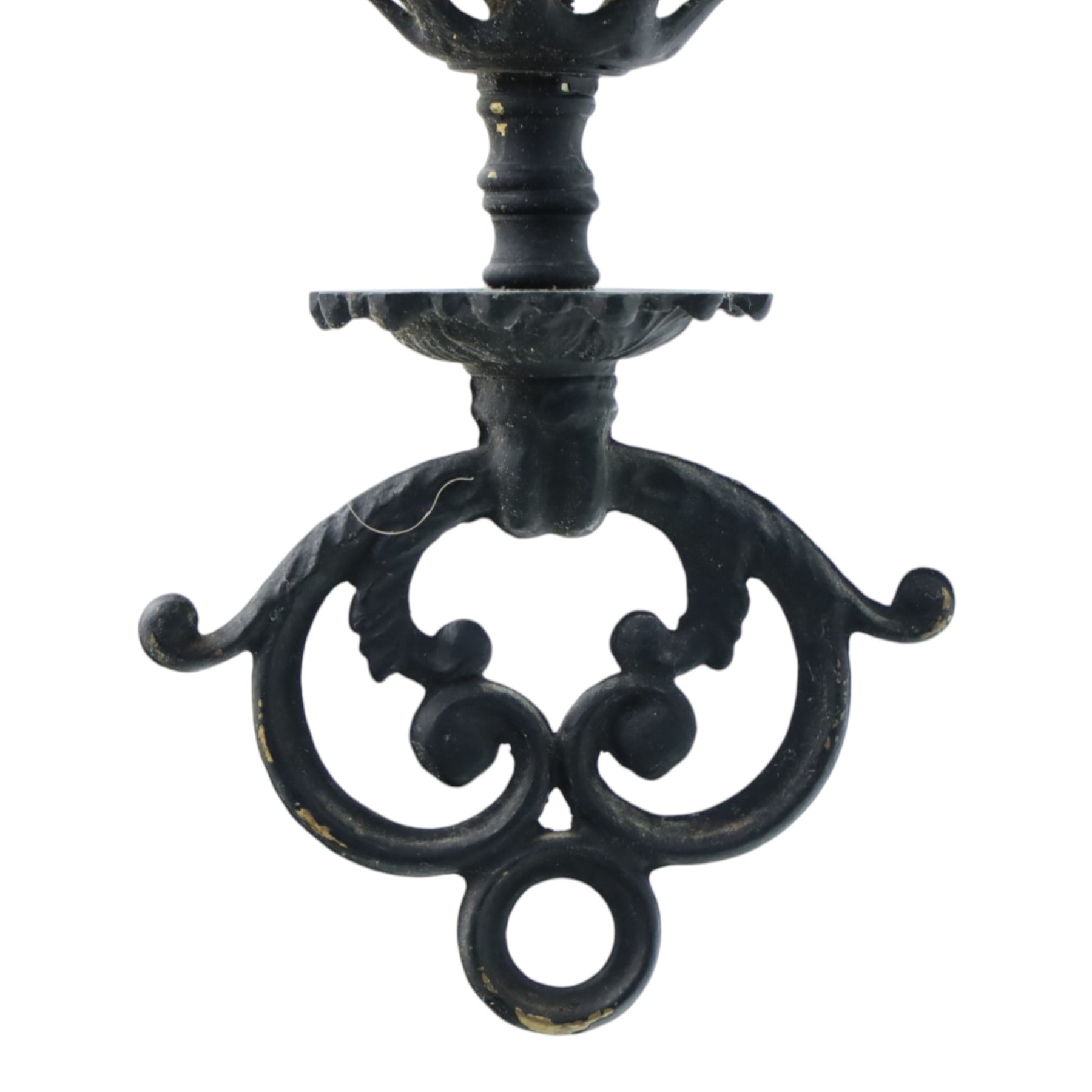 Late 19th century wrought metal hanging ceiling lamp, the ornate pierced central reservoir-form body with mounted eagle, three scrolling branches fitted with three clear glass chimney shades, suspended by decorative chains from a pierced ceiling rose