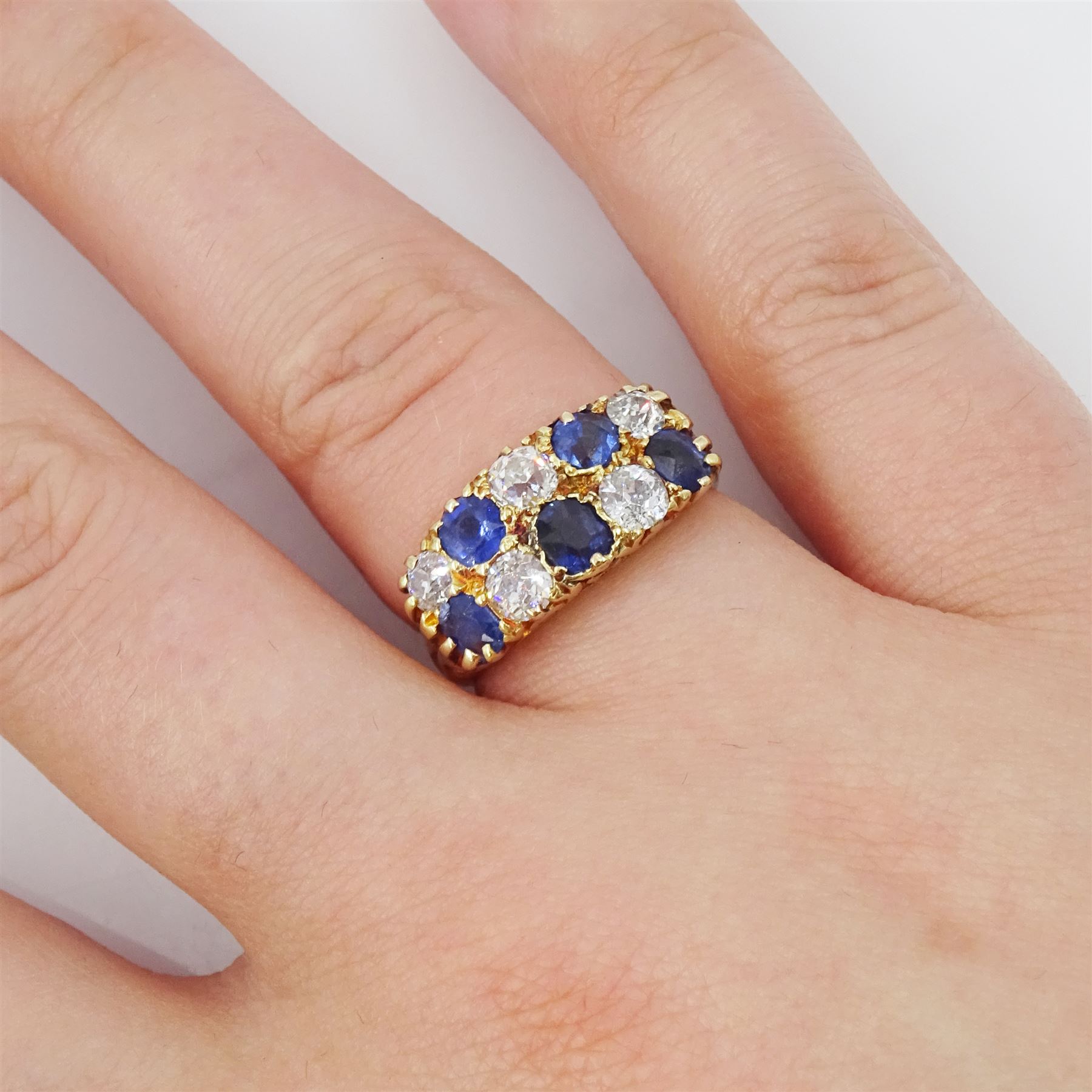 Victorian 18ct gold two row diamond and sapphire ring, alternating circular and oval mixed cut sapphires and old cut diamonds, total diamond weight approx 0.75 carat