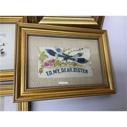 Collection of twenty eight, mostly WWI period embroidered silk greetings cards and postcards, including 'A kiss from France', good luck, sweetheart and Christmas examples, all within modern gilt frames