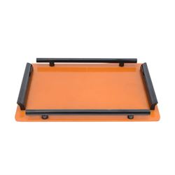 Art Deco phenolic Bakelite dressing table set, comprising three circular jars with lids and a pin dish, all upon a rectangular tray with black handles tray 30x19cm 