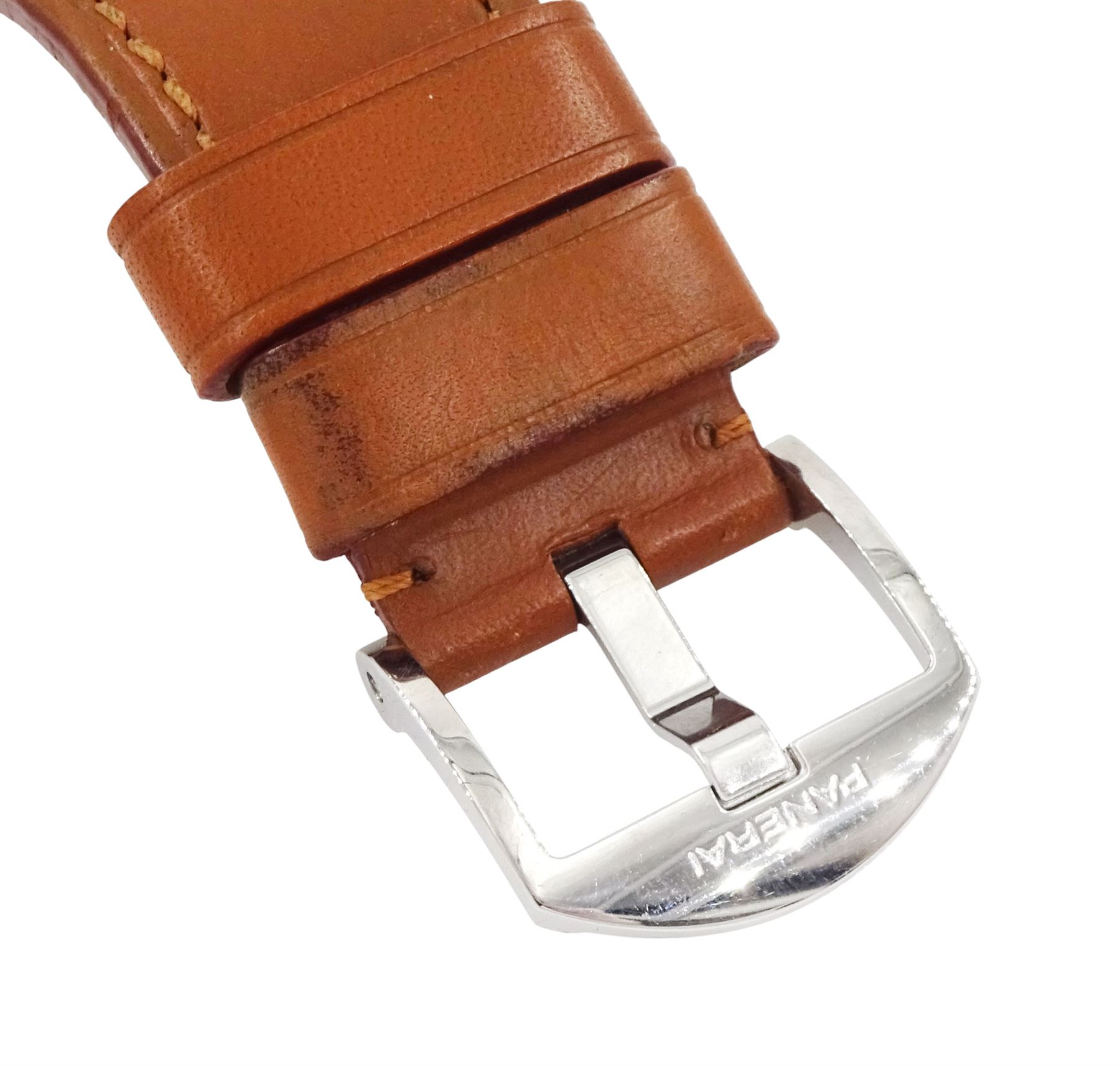 Panerai Luminor Marina gentleman's stainless steel manual wind wristwatch, Ref. OP 6518, limited edition No. 0213/3000, black dial with luminous Arabic and baton hour markers and subsidiary seconds dial at 9 o'clock, on original tan leather strap with addition brown leather strap, boxed with guarantee card dated 2000