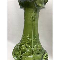 Jardiniere and stand, the jardiniere modelled as a pale, the stand with foliate and foliage decoration on a green ground, stand H73cm 