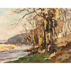 Owen Bowen (Staithes Group 1873-1967): Yorkshire River Landscape, oil on canvas signed 34cm x 44cm