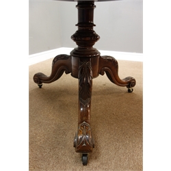  Victorian walnut breakfast table, circular burr tilt top, on turned column with three acanthus carved supports, D105cm, H73cm  
