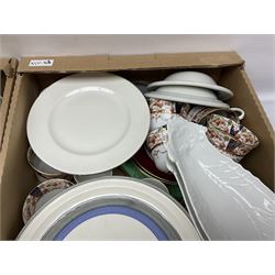 Four large meat platters, Royal Worcester Bunnykins mug and a large collection of other ceramics, including vases, dinner plates, teawares, etc, in five boxes 