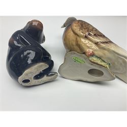 Large Sylvac monkey together with three smaller monkeys, together with Beswick Pigeon no 1383, Melba Ware hippo and baby and Royal Dux elephant 