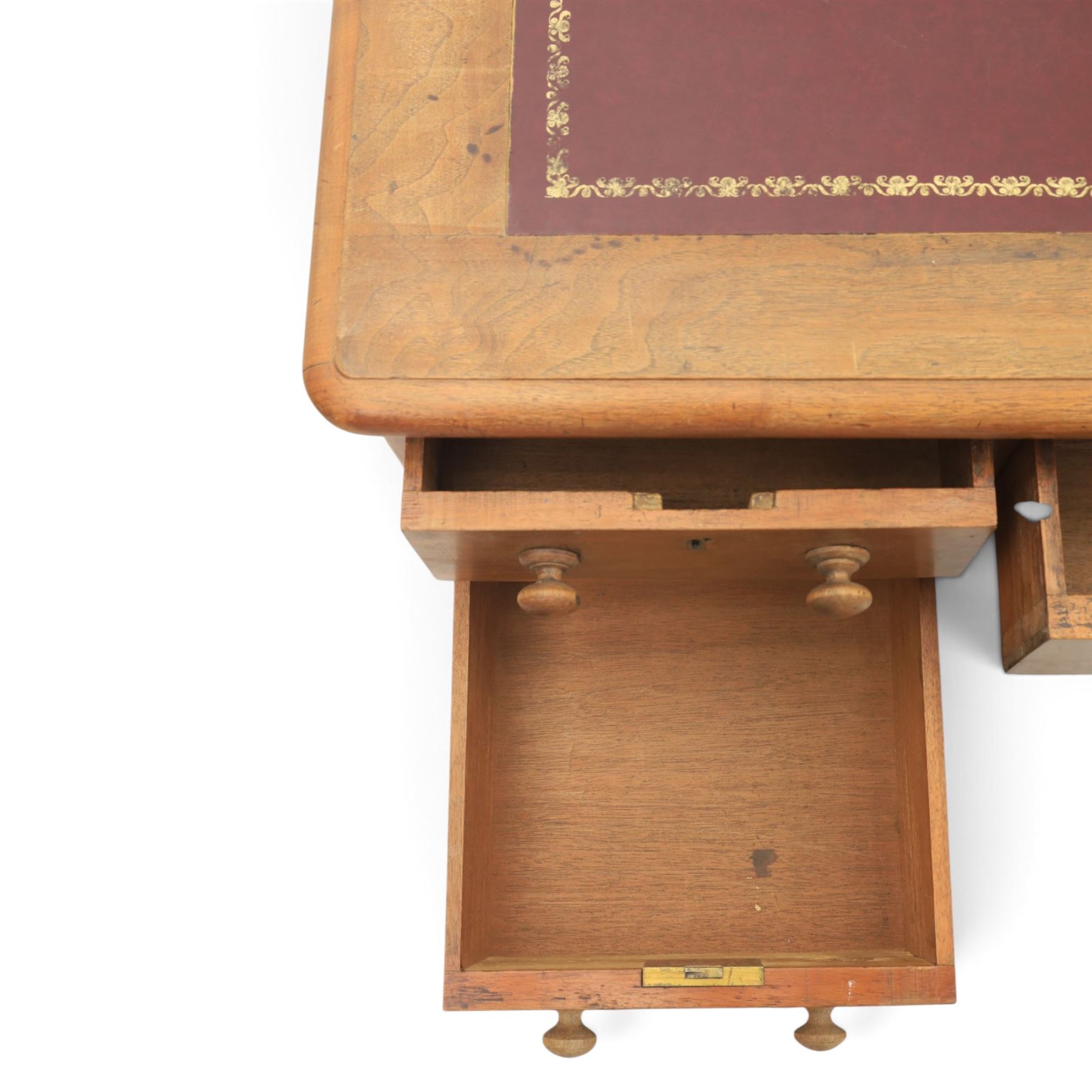 Victorian mahogany twin pedestal desk, rectangular top with red tooled leather writing surface with three frieze drawers, each pedestal with three drawers and castors