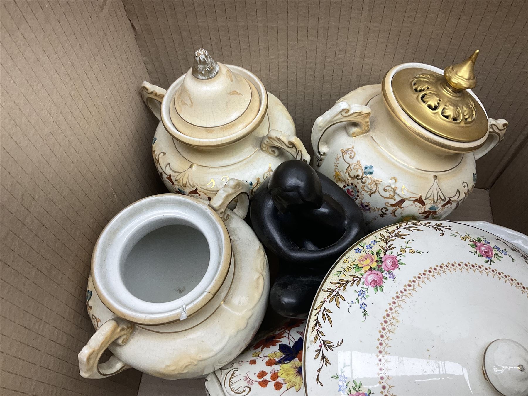 Collection of tea and dinner wares, to include Crown Clarence wares, two Maling cups and saucers, etc,  together with three Foley twin handled urns etc, in three boxes