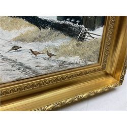 Leonard W Owens (British 20th century): 'Pheasants by a Farm near Hutton-Le-Hole', oil on canvas signed and dated 1986 together with Chris Hammond  (British 20th century): 'Springtime', watercolour signed, titled and dated 1990 verso max 30cm x 45cm (2)