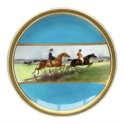19th century Minton porcelain cabinet plate, hand painted with central equestrian band against a turquoise ground, and further detailed with gilt key fret and foliate borders, with printed retailer mark beneath 'Mintons John Mortlock Oxford St London', and impressed year cypher for 1880, D23cm