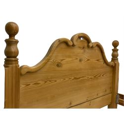 Waxed pine double 4' 6'' bedstead, shaped head and footboards with applied moulding