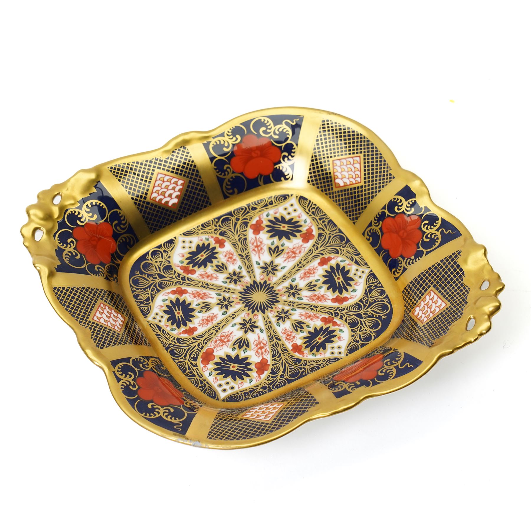 Royal Crown Derby Imari 1128 pattern square footed basket/dish, boxed, W23cm; together with two further pairs of vases in the same pattern, H9.5cm and H7cm (5)