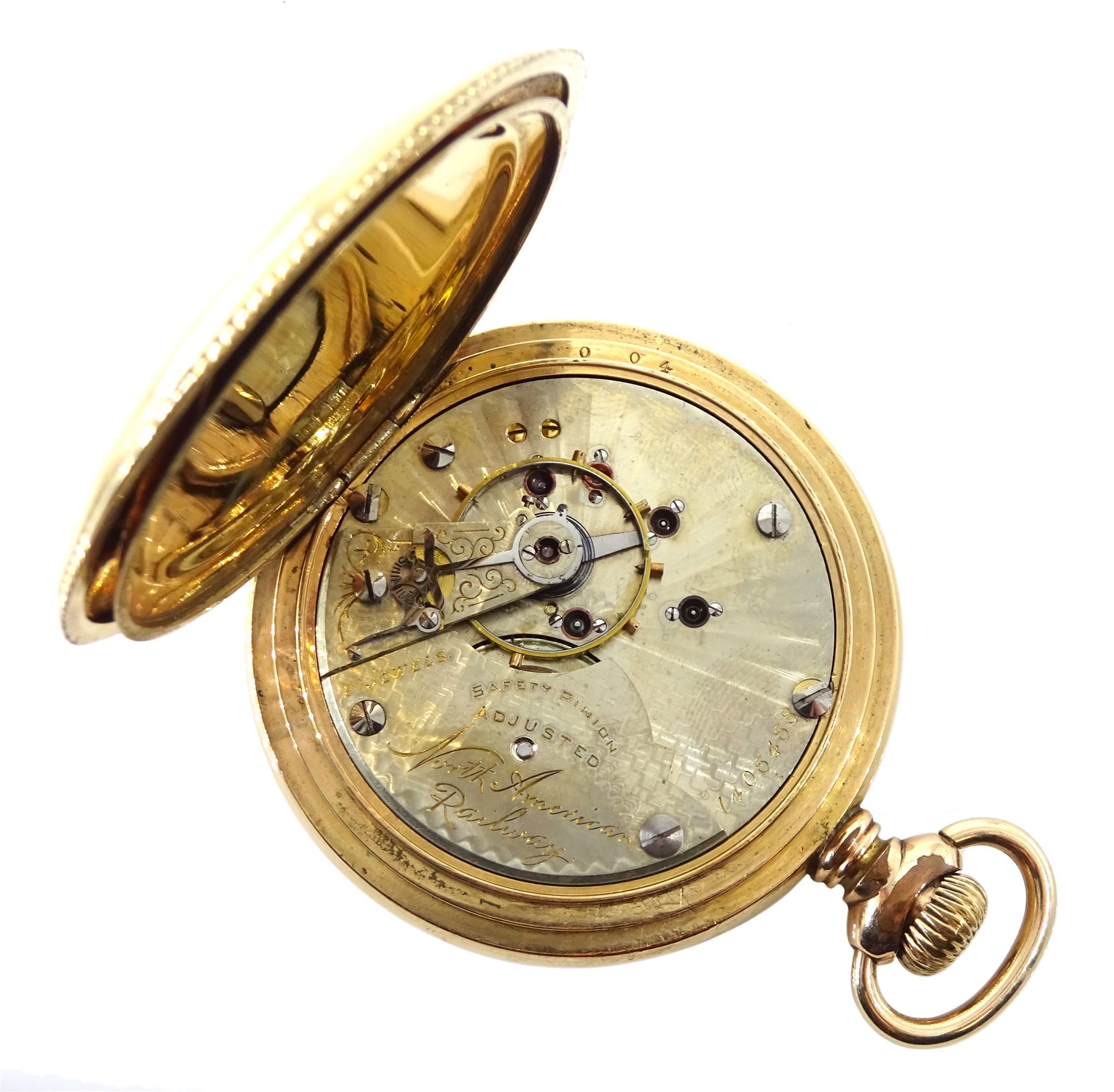 American gold-plated full hunter, 21 jewels keyless pocket watch by Hampden Watch Co, No. 1406468, the movement signed 'North American Railway', white enamel dial with Arabic numerals and subsidiary seconds dial, the case front decorated with applied cartouche and coloured flowers, the reverse depicting a stag within a floral wreath