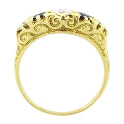 18ct gold five stone round brilliant cut diamond and sapphire ring, London 1975, total diamond weight approx 0.60 carat