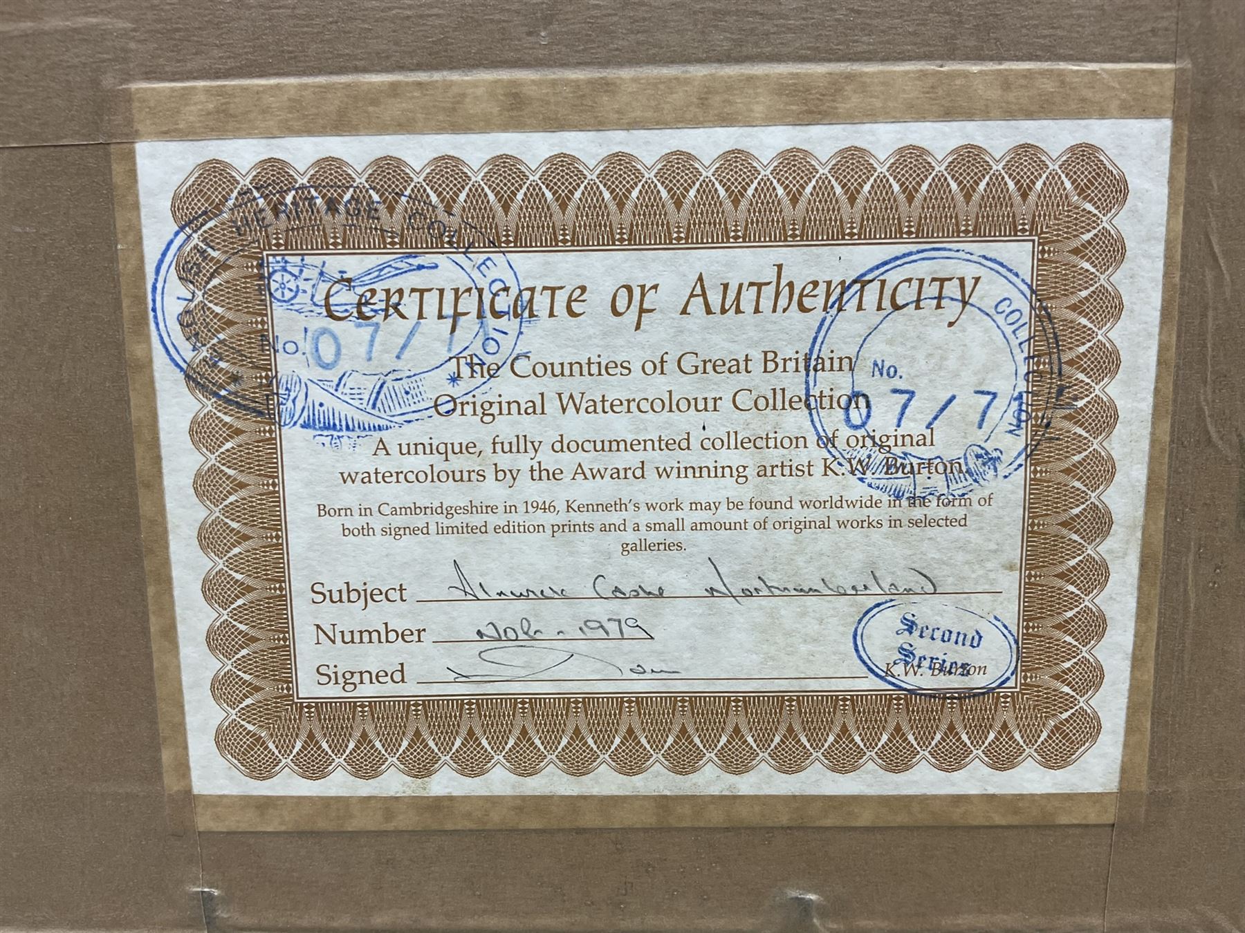 Kenneth W Burton (British 1946-): 'Alnwick Castle - Northumberland' and 'Winchester Cathedral', pair watercolours from the 'Counties of Britain' series signed, titled verso 14cm x 21cm (2)