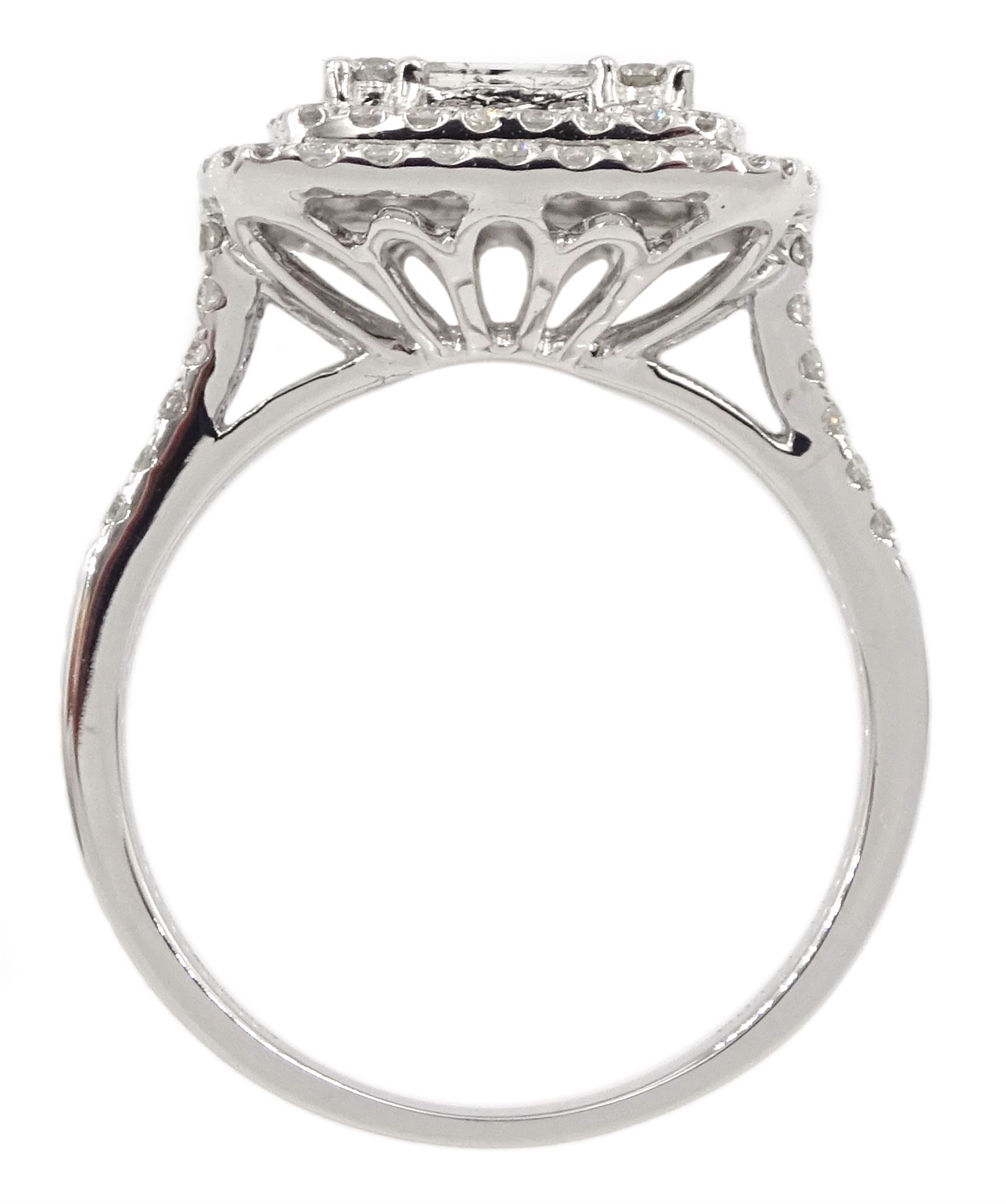 18ct white gold round brilliant cut and baguette cut diamond cluster ring, with diamond set shoulders, total diamond weight approx 1.25 carat