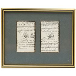  William Redmayne (British fl.1674-1719): 'Bishoprick of Durham' (Queen of Diamonds) and 'Northumberland' (Eight of Diamonds), pair 17th/18th century engraved playing card maps pub. 1712, 9.5cm x 5.5cm (framed as one)