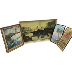 Newton (British 20th century): Whitby Abbey from Lighthouse, oil on board signed; English School (20th century): West Harbour Whitby with Marine Hotel, oil on board unsigned together with two Middle East watercolours max 43cm x 79cm (4)