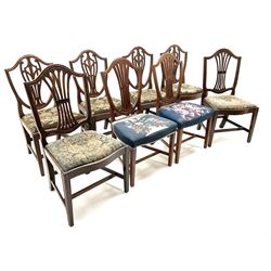 Set eight Hepplewhite style mahogany dining chairs, shaped splat, upholstered in floral fabric, moulded tapering supports 