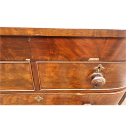  Victorian mahogany breakfront chest, two short and three long drawers, bun feet, W107cm, H112cm, D53cm  
