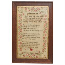 Victorian sampler by Margaret Harbert aged 9, dated 1848, worked with Lords Prayer verse w...