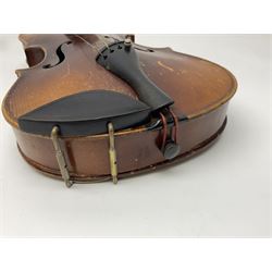 Czechoslovakian violin c1920 with 36cm two-piece maple back and ribs and spruce top, bears label 'Copy of Antonius Stradivarius Made in Czechoslovakia' L59cm; in carrying case; 1950s Czechoslovakian violin; and 195os Czechoslovakian three-quarter size violin; both cased (3)