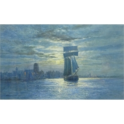 A P Winteringham (Early 20th century): Sailing Barge in the Humber Estuary by Moonlight, watercolour signed and dated 1923, 41cm x 65cm  