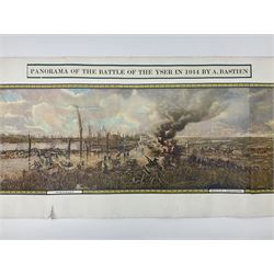 After A. Bastien, very long WW1 panoramic colour print entitled 'Panorama of the Battle of the Yser in 1914' depicting Ypres, Dixmude, Boucle de Tervaete, Nieuport (2) and region des Dunes, flanked by Flags of the Allies 45 x 337cm; unframed