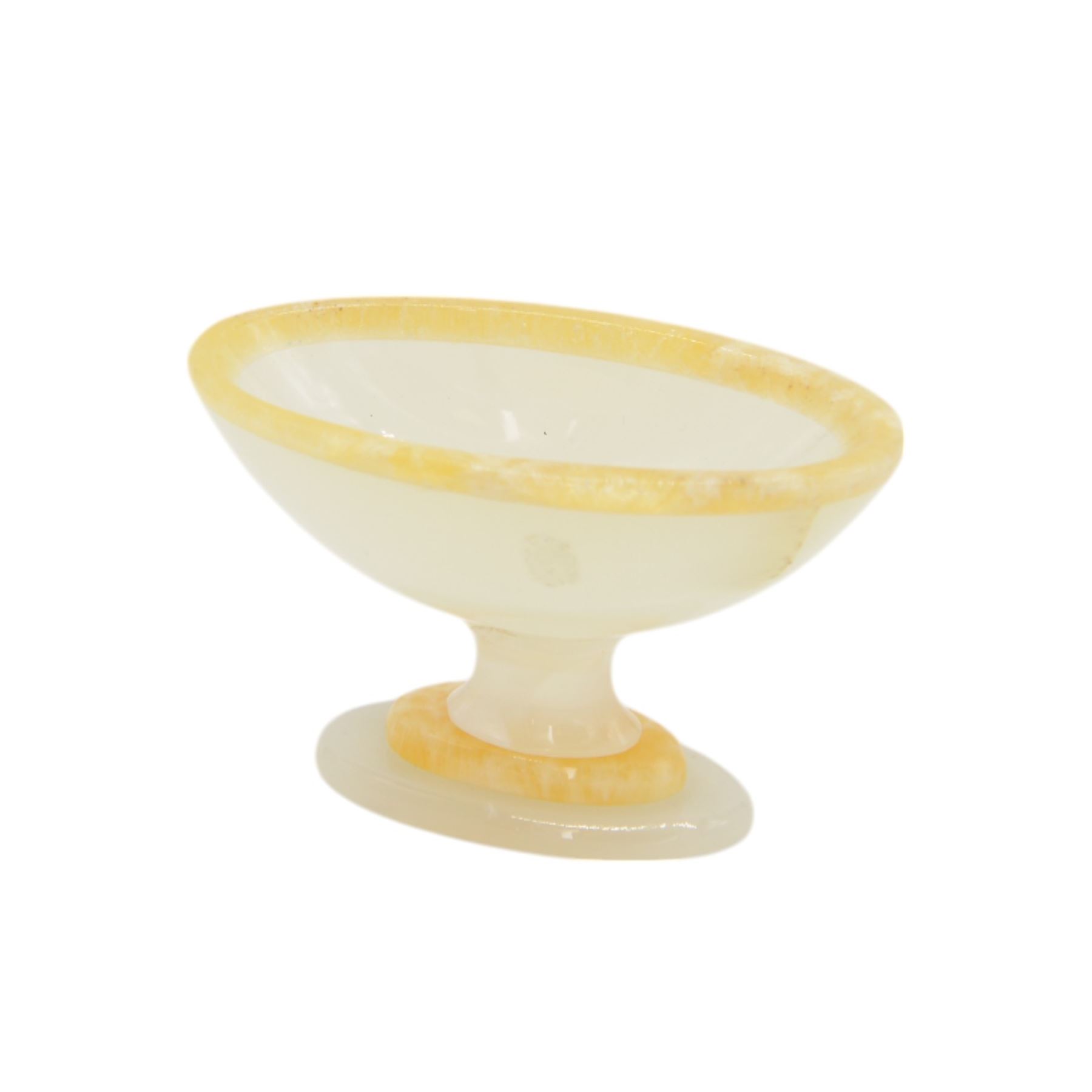 Agate open salt, of navette form, upon a stepped oval pedestal foot, H5cm