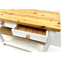 Painted pine kitchen buffet table,  two drawers above to under tears, square supports
