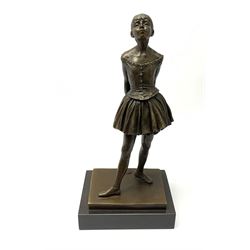 After Edgar Degas, (1834-1917), La Petite Danseuse de Quatorze Ans, bronze figure modelled as a young female dancer, signed and with foundry mark, raised upon a rectangular base, overall H37.5cm. 