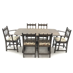 Ercol Old Colonial Yorkshire refectory table, shaped end supports joined by single stretcher, sledge feet (W152cm, H72cm, D77cm) and set six (4+2) matching dining chairs (W62cm)