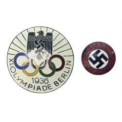 WW2 German NSDAP Party members enamel pin badge by RZM numbered M1/90; and 1936 XI Olympiade Berlin enamel badge by H. Osang, Dresden (2)