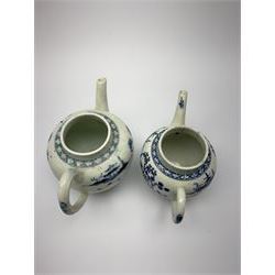 Two small 18th century Worcester teapots, circa 1770, each decorated in the Cannonball pattern, each with blue crescent mark beneath, approximately H11cm, (each with associated cover, one example with crescent mark) 

