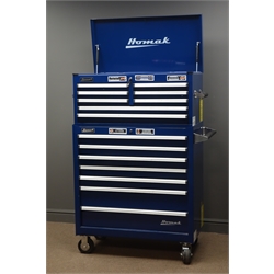  Homak blue finish two sectional tool trolley, hinged top compartment, fifteen drawers, on heavy duty castors, W91cm, H142cm, D46cm  