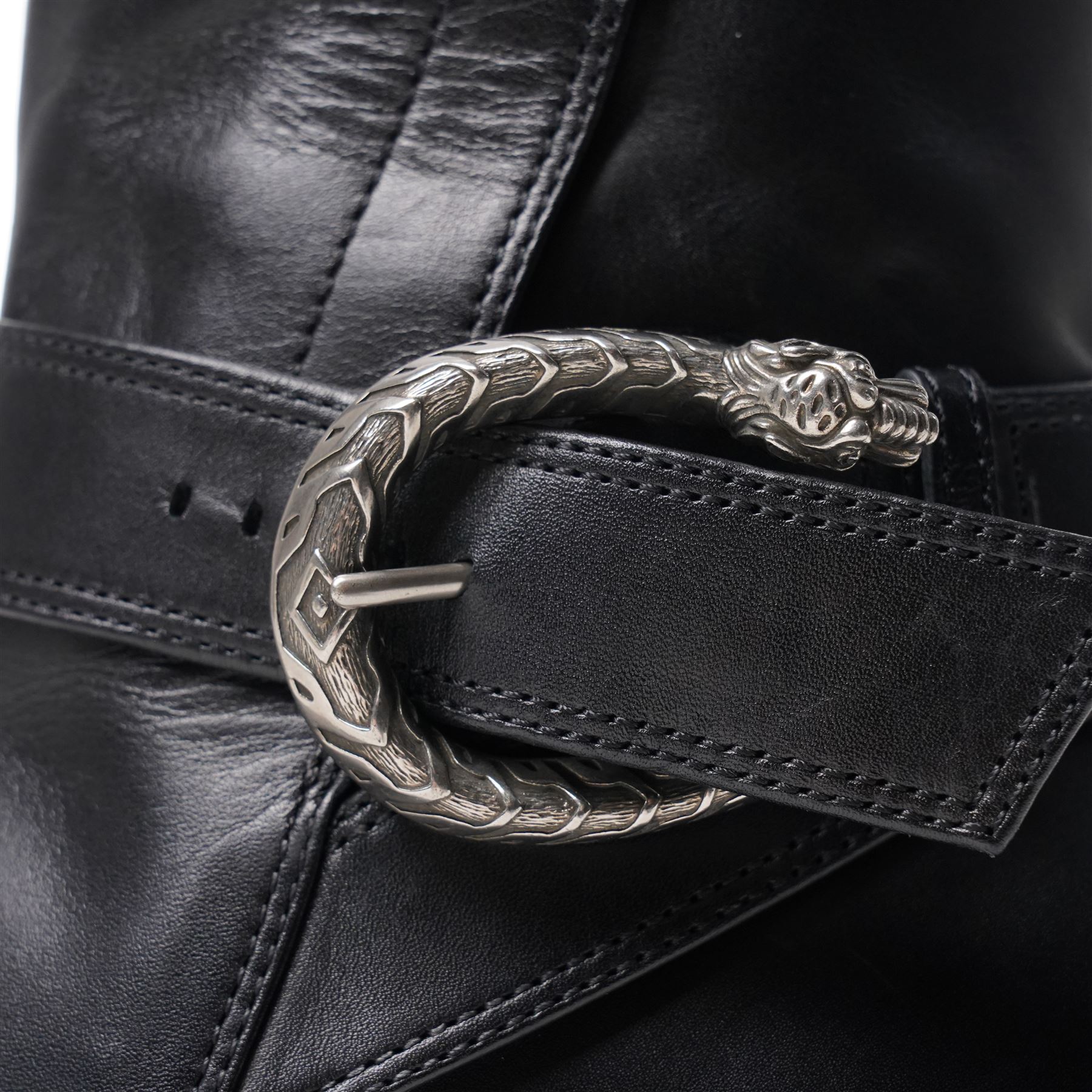 Gucci - pair of Dionysus ankle black leather boots with block heels, with signature silver tone tiger head buckle fastening and full length zip, size 37½, total boot height 24cm, with original box and dust bags