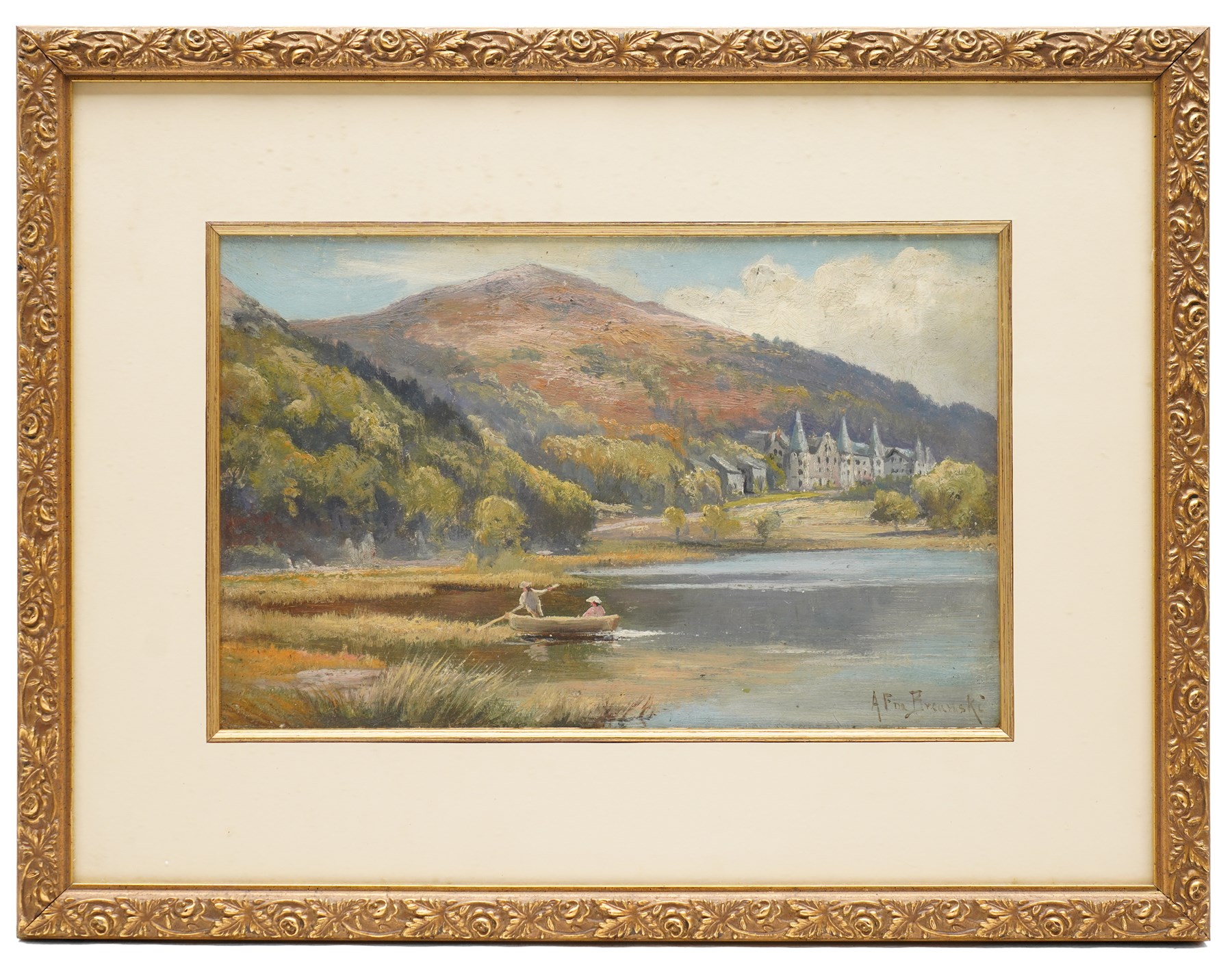 Alfred Fontville de Breanski Jnr. (British 1877-1945): The Trossachs Hotel on Loch Achray, oil on board signed 19cm x 30cm