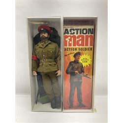 Palitoy Action Man Action Soldier No.34014 with tunic, belt, trousers, boots, blue beret and sten gun; in original box; and Palitoy Action Man Royal Military Policeman (RMP) gripping hands figure, marked 'Made in England by Palitoy under licence from Hasbro © 1964' to rear of torso; with tunic, shirt, trousers, tie, boots, belt, truncheon, pistol in holster, MP armband, red cap, Sterling machine gun and other clothing etc; in anrelated display box (2)